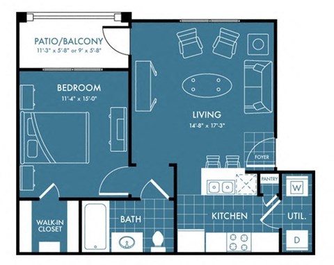 Floor plan for 1 bed, 1 bath, 608 sqft